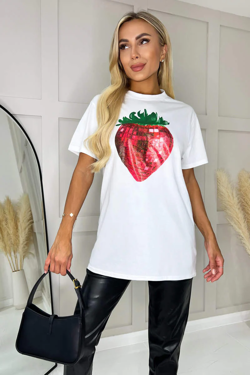 White Glitter Strawberry Print T-Shirt - Swimclubus