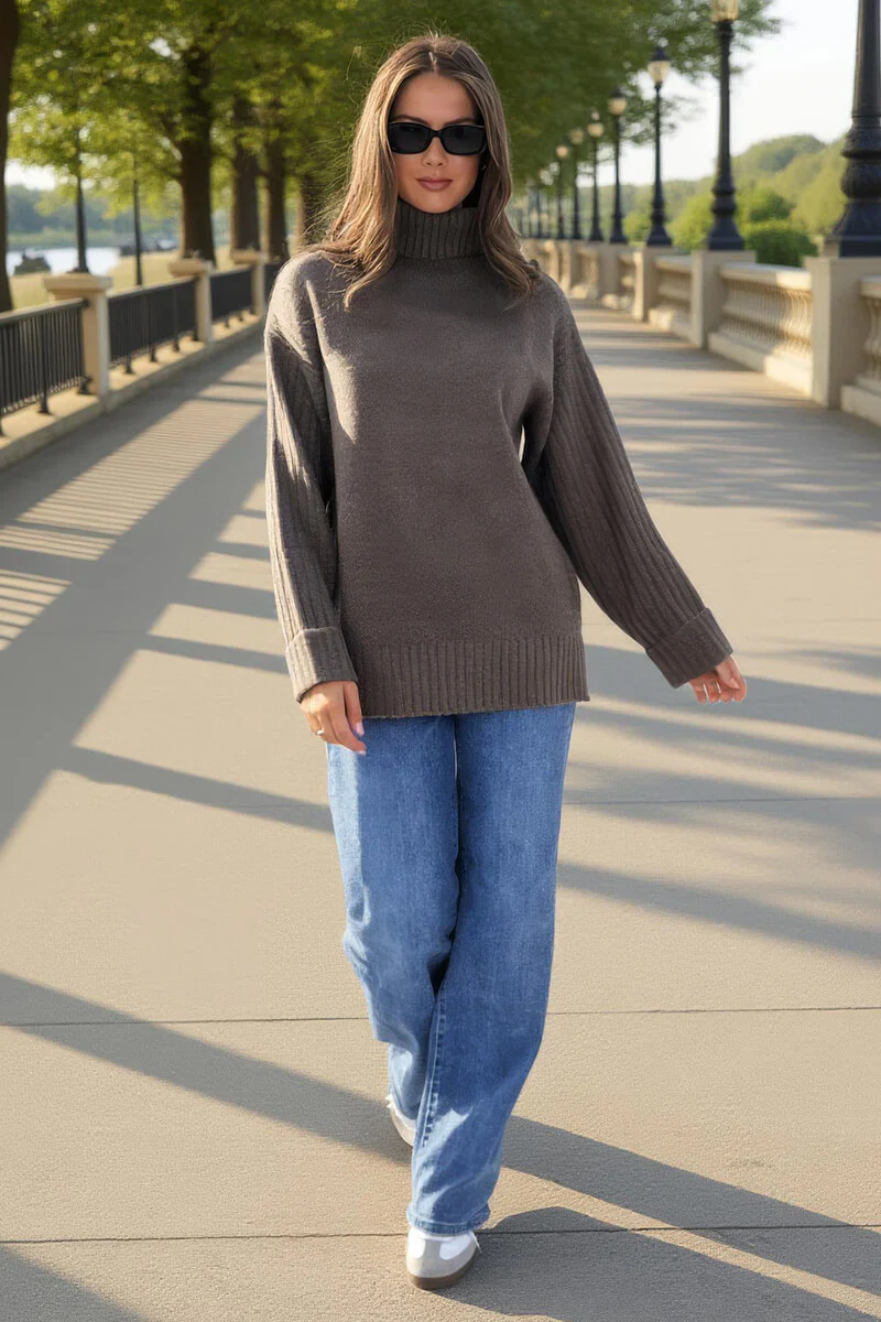 Mink Roll Neck Rib Detail Jumper - Swimclubus