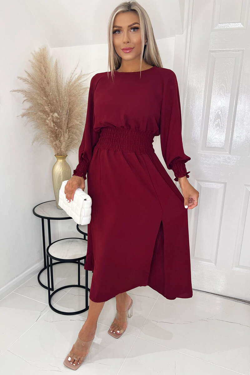 Wine Elasticated Waist Midi Dress With Split - Swimclubus