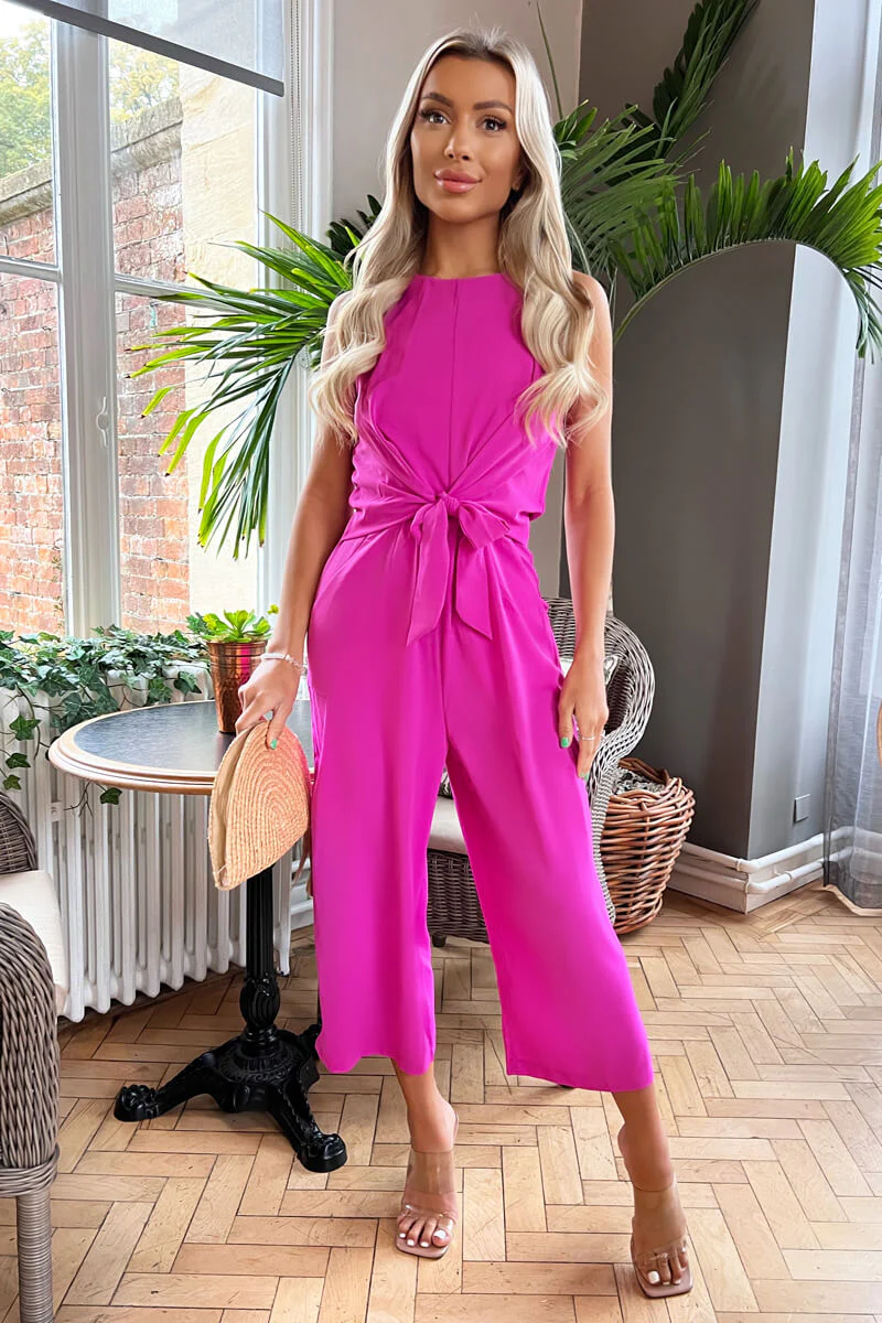 Hot Pink Sleeveless Knot Front Jumpsuit - Swimclubus