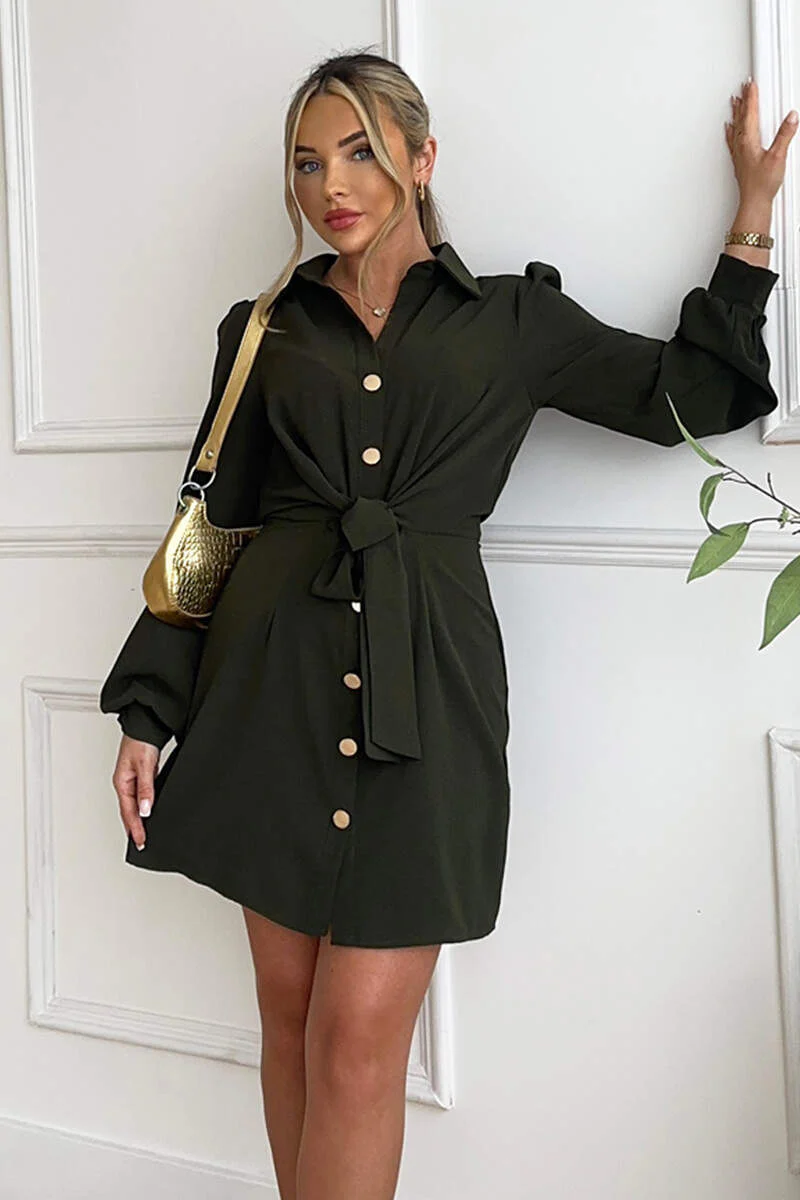 Olive Button Tie Front Mini Shirt Dress - Swimclubus