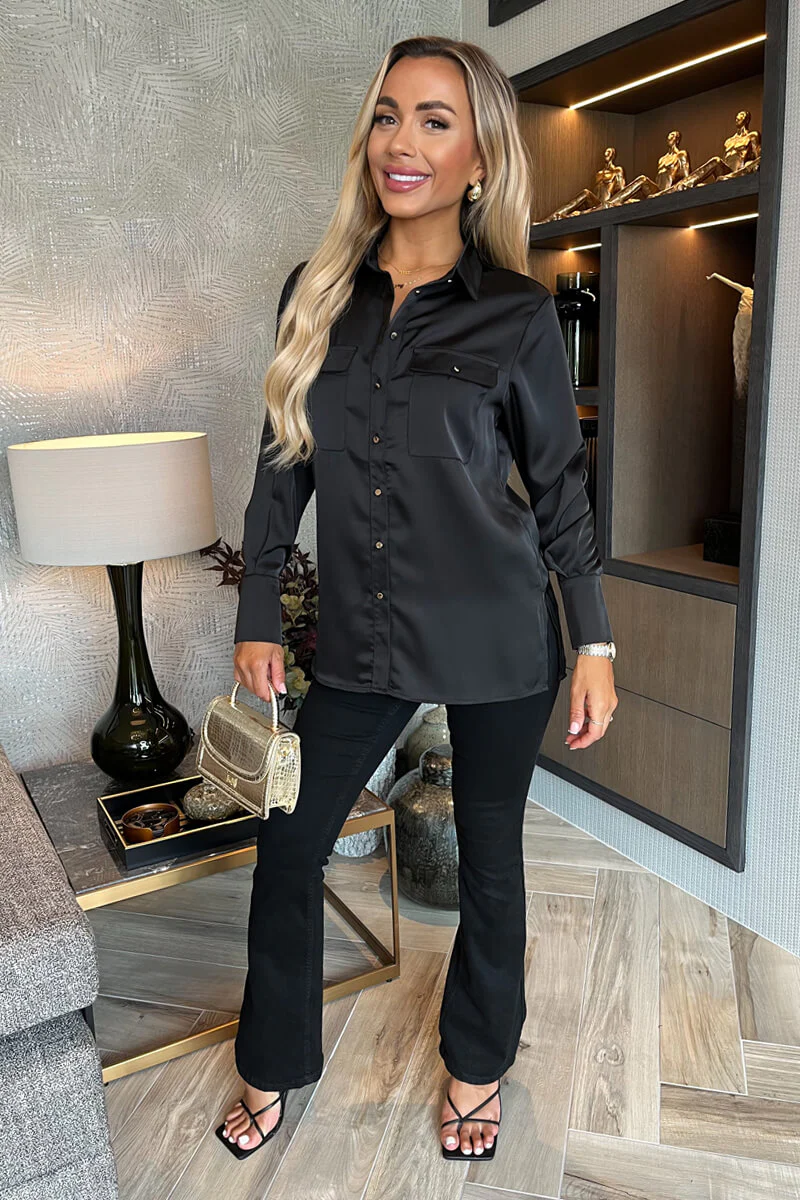 Black Satin Long Sleeve Gold Button Shirt - Swimclubus