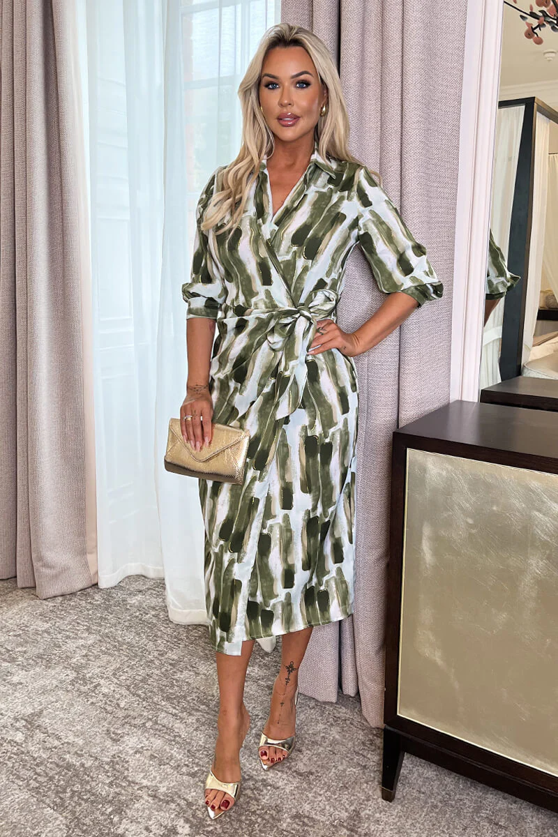 Khaki Brush Stroke Print 3/4 Sleeve Tie Waist Wrap Shirt Midi Dress - Swimclubus