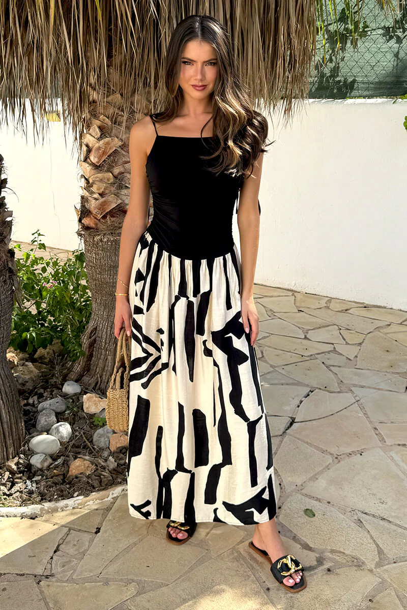 Black And Cream Abstract Print 2 in 1 Ruched Side Tie Straps Midi Dress - Swimclubus