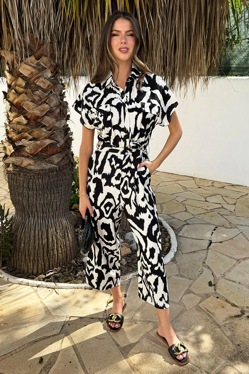 Black And Cream Abstract Print Button Front Collared Tie Waist Jumpsuit - Swimclubus
