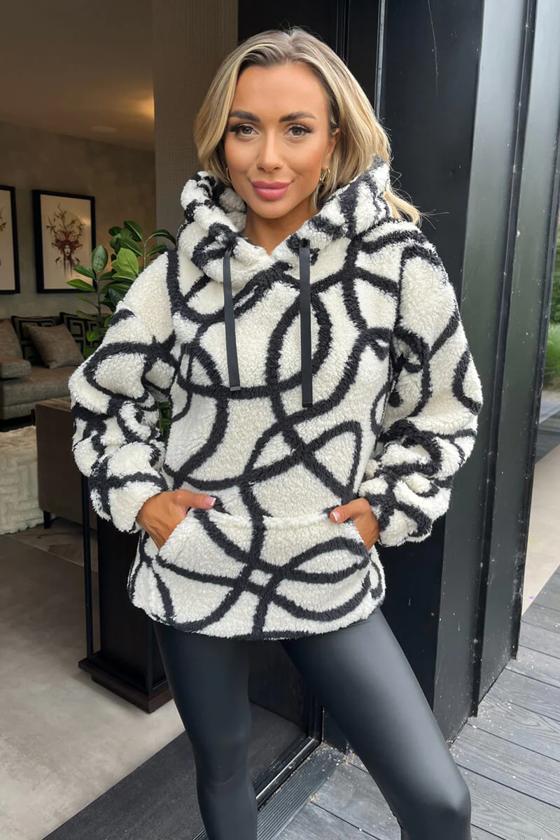 Cream And Black Swirl Pattern Front Pocket Teddy Hoodie - Swimclubus