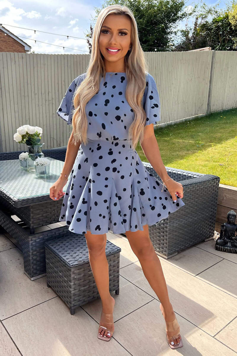 Blue And Black Dot Printed Skater Dress - Swimclubus