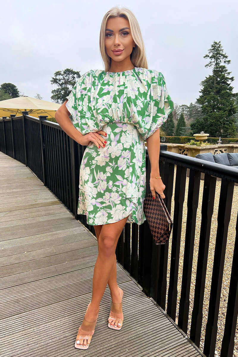 Green Floral Printed Batwing Mini Dress - Swimclubus