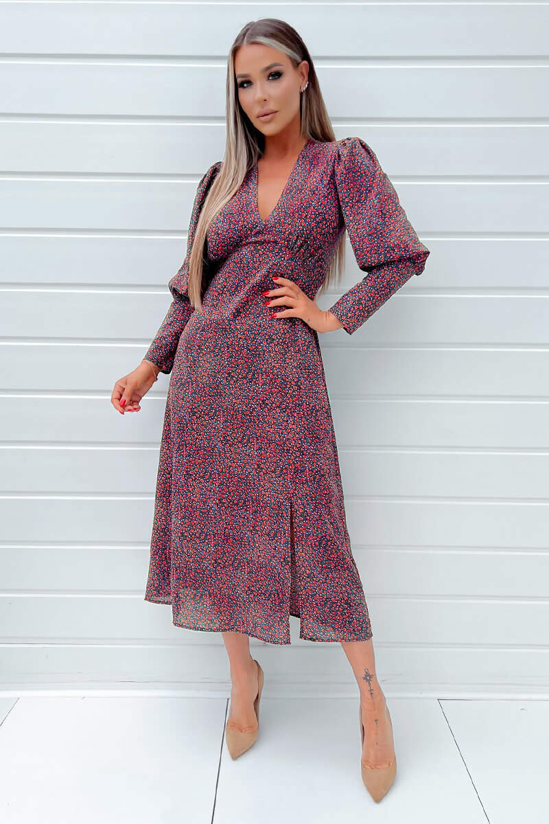 Black Floral Printed V-Neck Long Sleeve Midi Dress - Swimclubus