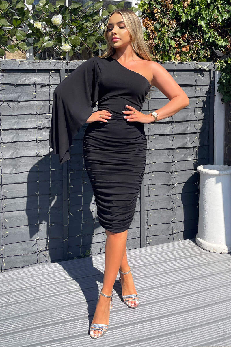Black Drape Sleeve Bodycon Midi Dress - Swimclubus