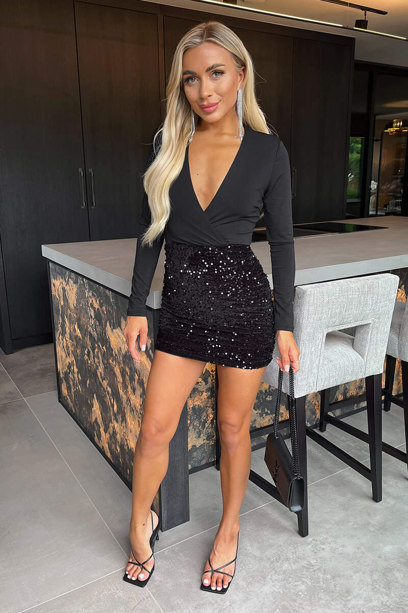Black Velvet Sequin 2 in 1 Wrap Top Long Sleeve Mini Dress - Swimclubus