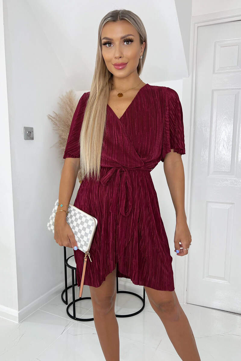 Wine Wrap Top Belted Short Sleeve Plisse Mini Dress - Swimclubus