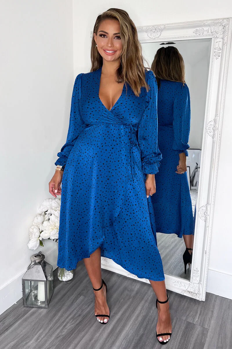 Blue And Black Printed Wrap Midi Dress - Swimclubus