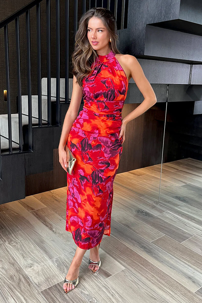 Orange And Purple Abstract Print Halter Neck Draped Waist Midi Dress - Swimclubus