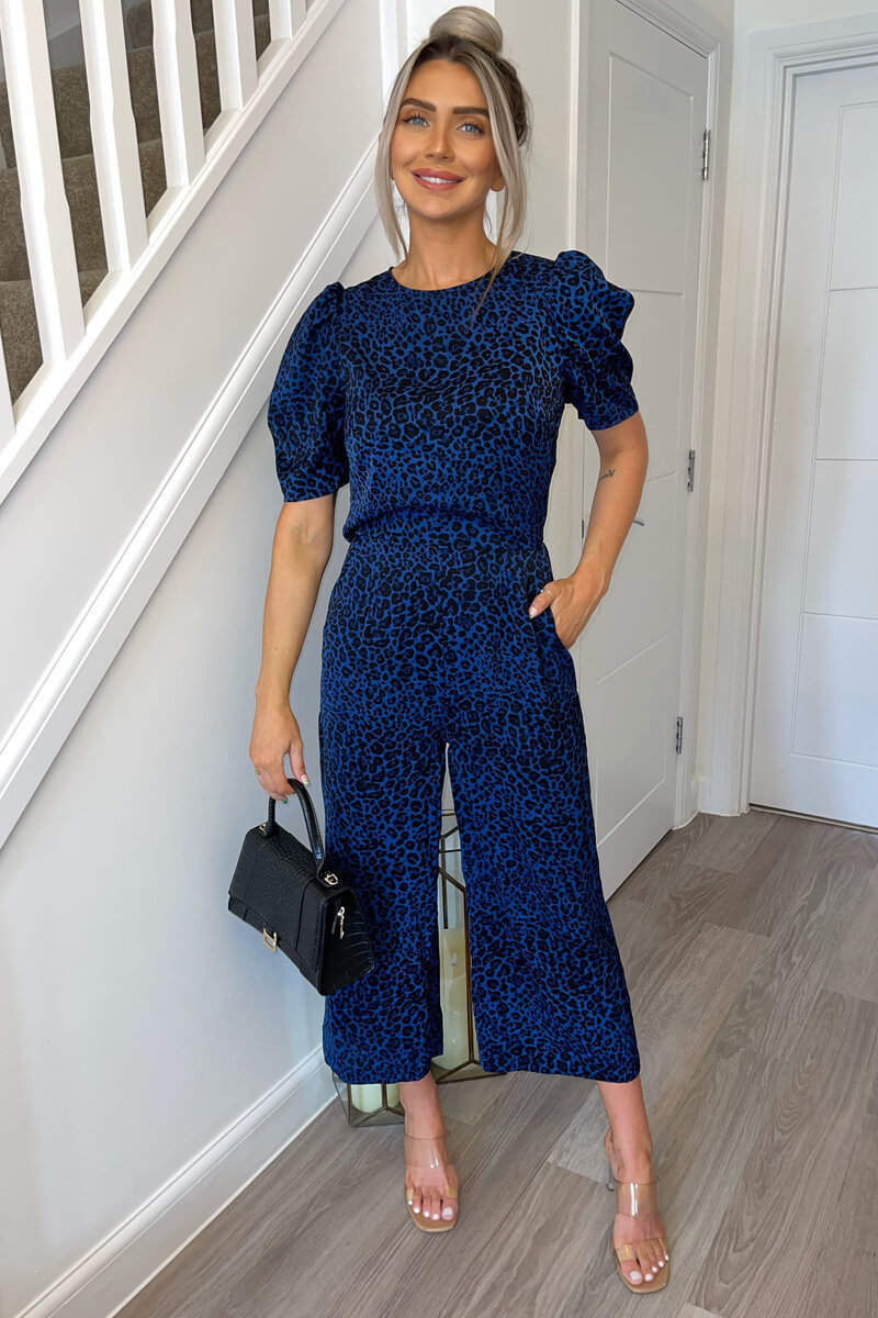 Blue Animal Print Puff Sleeve Jumpsuit - Swimclubus