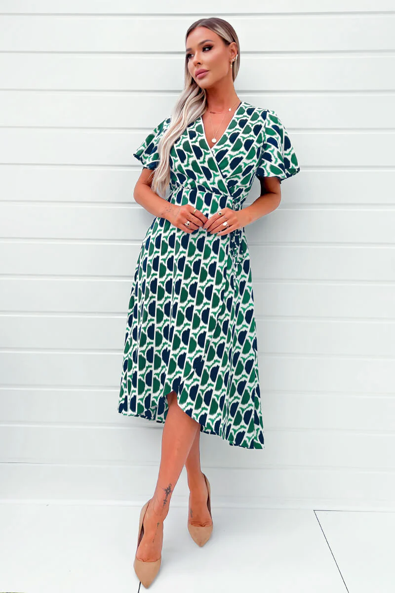 Green and Navy Printed Wrap Top Midi Dress - Swimclubus