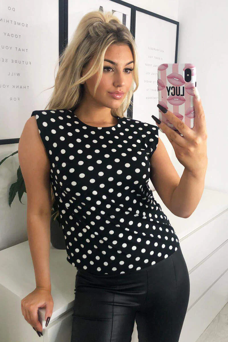 Black Polka Dot Shoulder Padded Top - Swimclubus