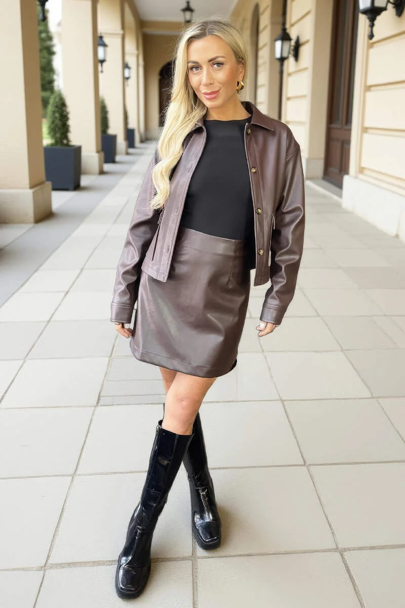 Chocolate Faux Leather Mini Skirt - Swimclubus