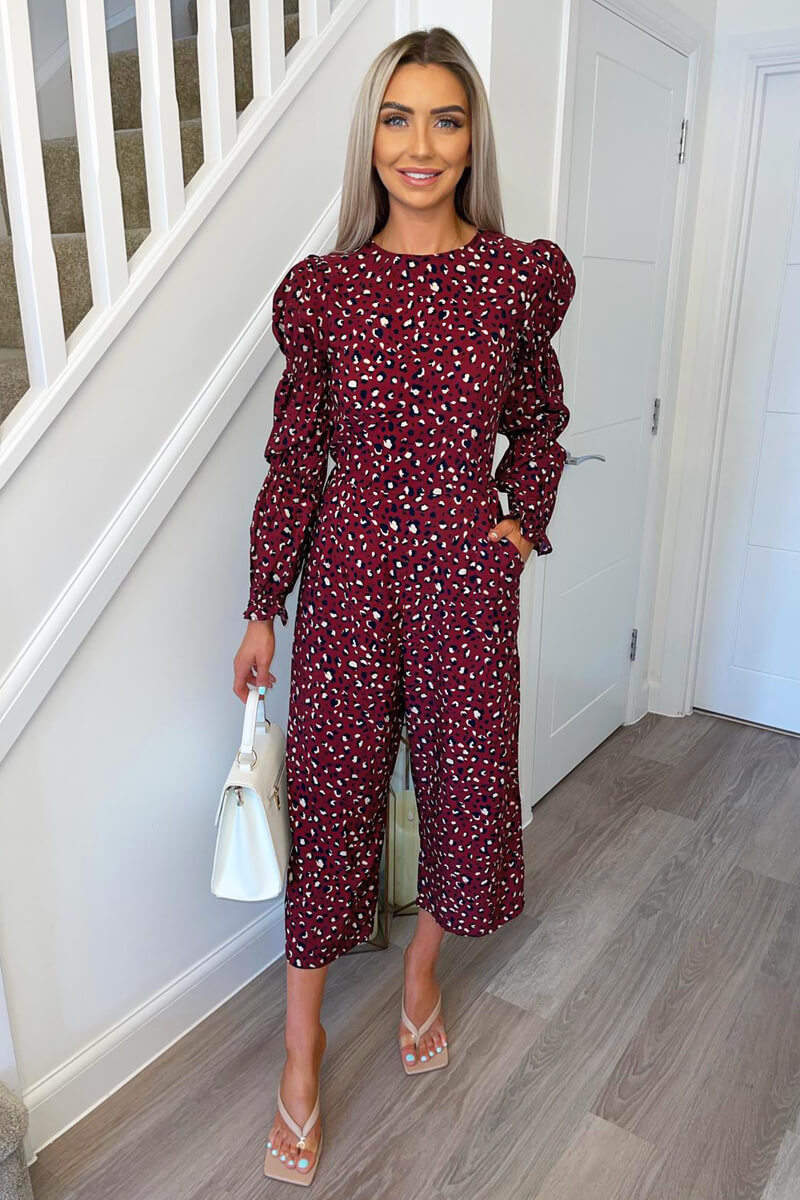 Plum Animal Print Elasticated Sleeve Jumpsuit - Swimclubus