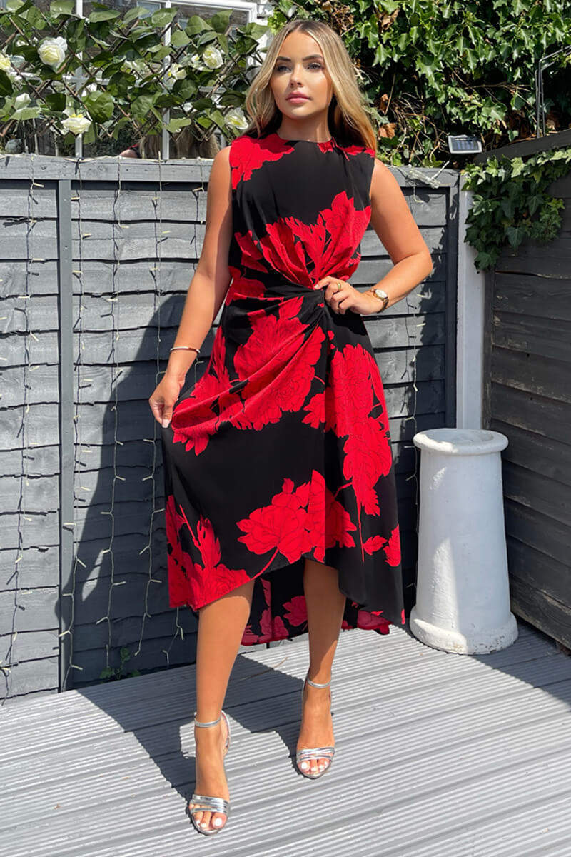 Black And Red Floral Print Wrap Midi Dress - Swimclubus