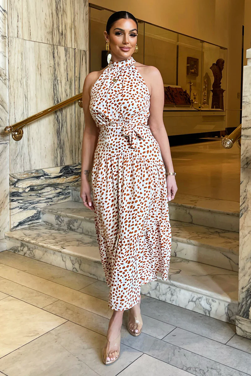 Cream And Brown Print High Neck Tie Belt Midi Dress - Swimclubus