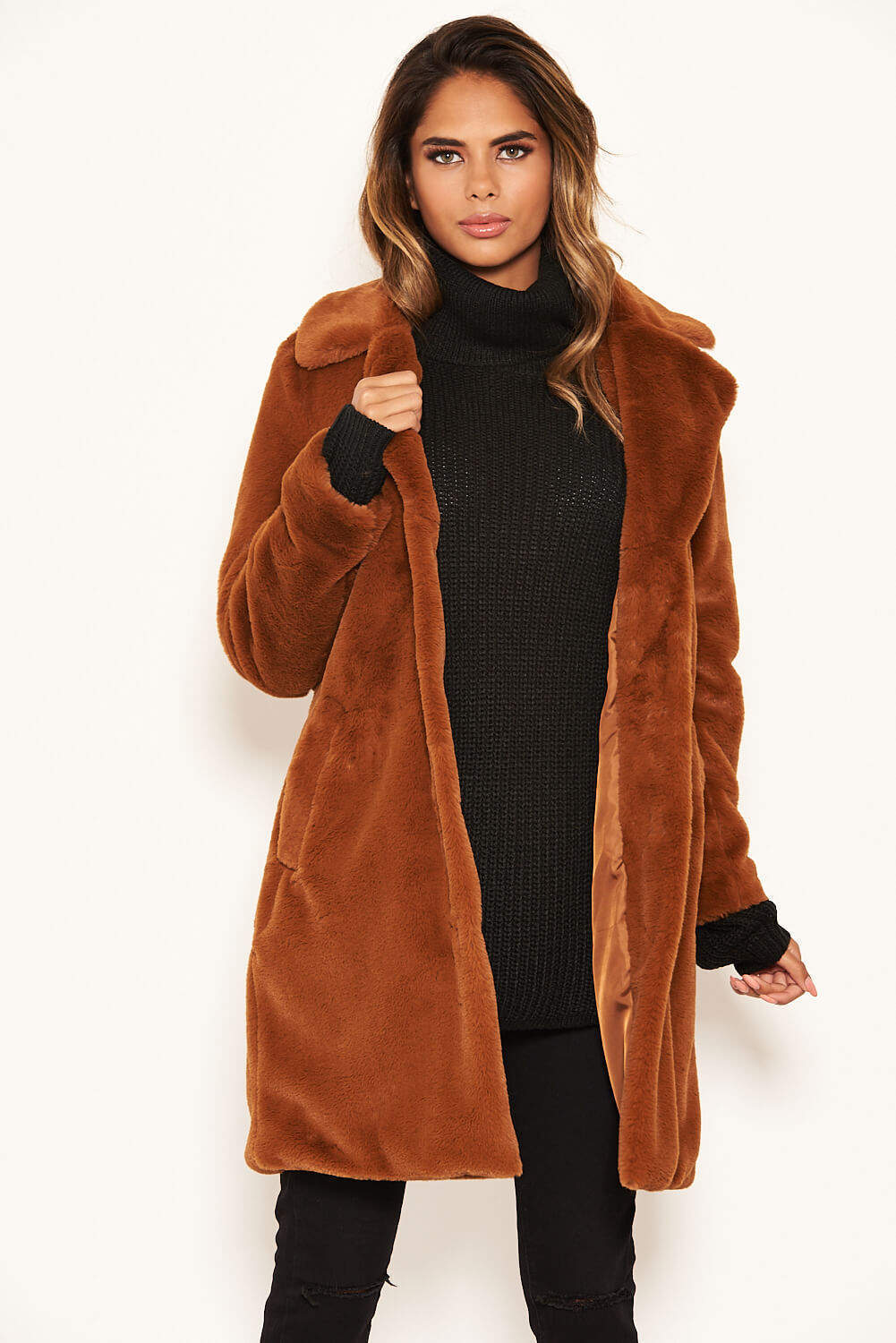 Rust Long Faux Fur Coat - Swimclubus