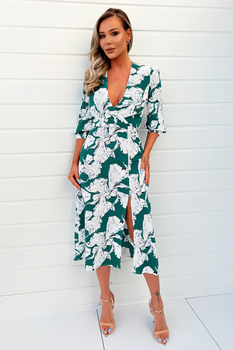 Green And White Floral Print Wrap Top Midi Dress - Swimclubus