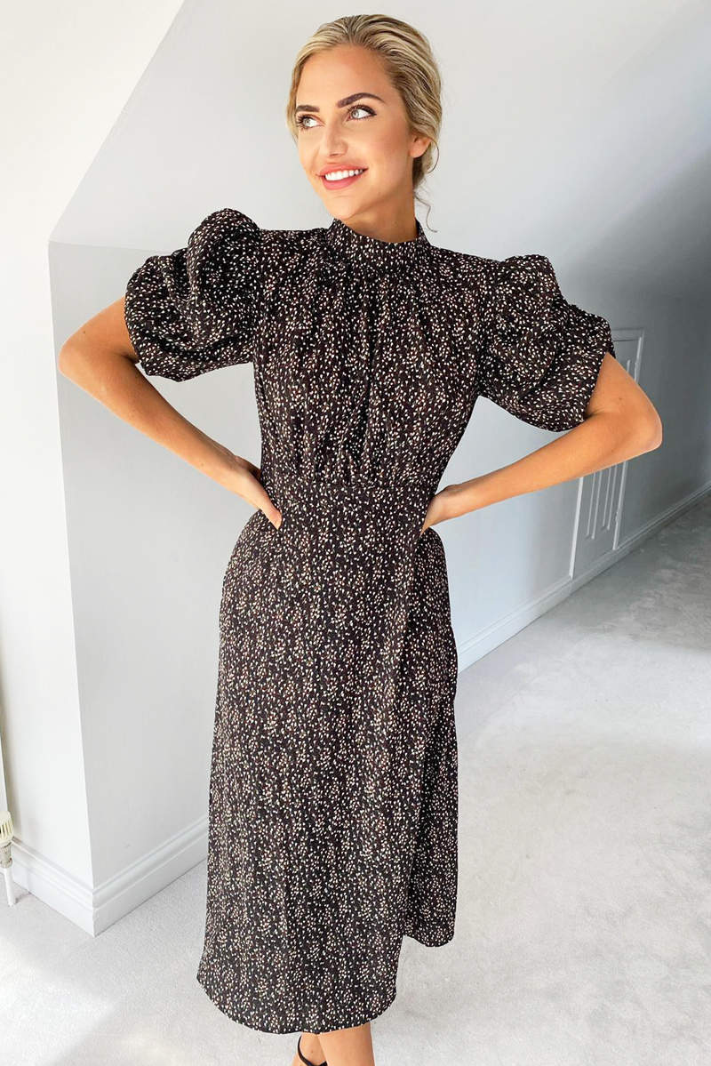 Black Ditsy Floral Puff Sleeve Midi Dress - Swimclubus