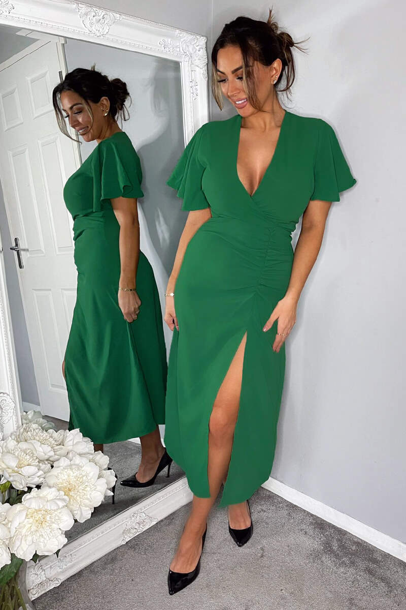 Green Ruched Split Leg Midi Dress - Swimclubus