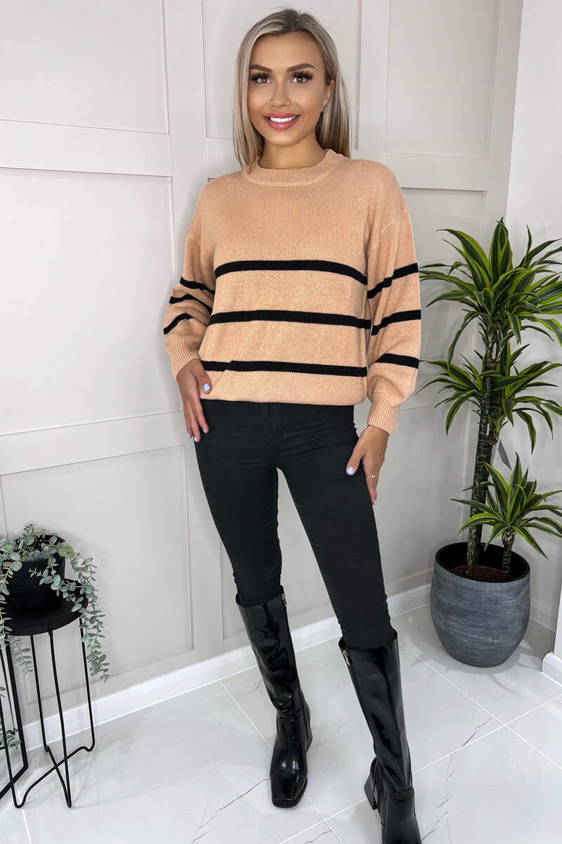Mocha And Black Striped Print Long Sleeve Round Neck Knitted Jumper - Swimclubus
