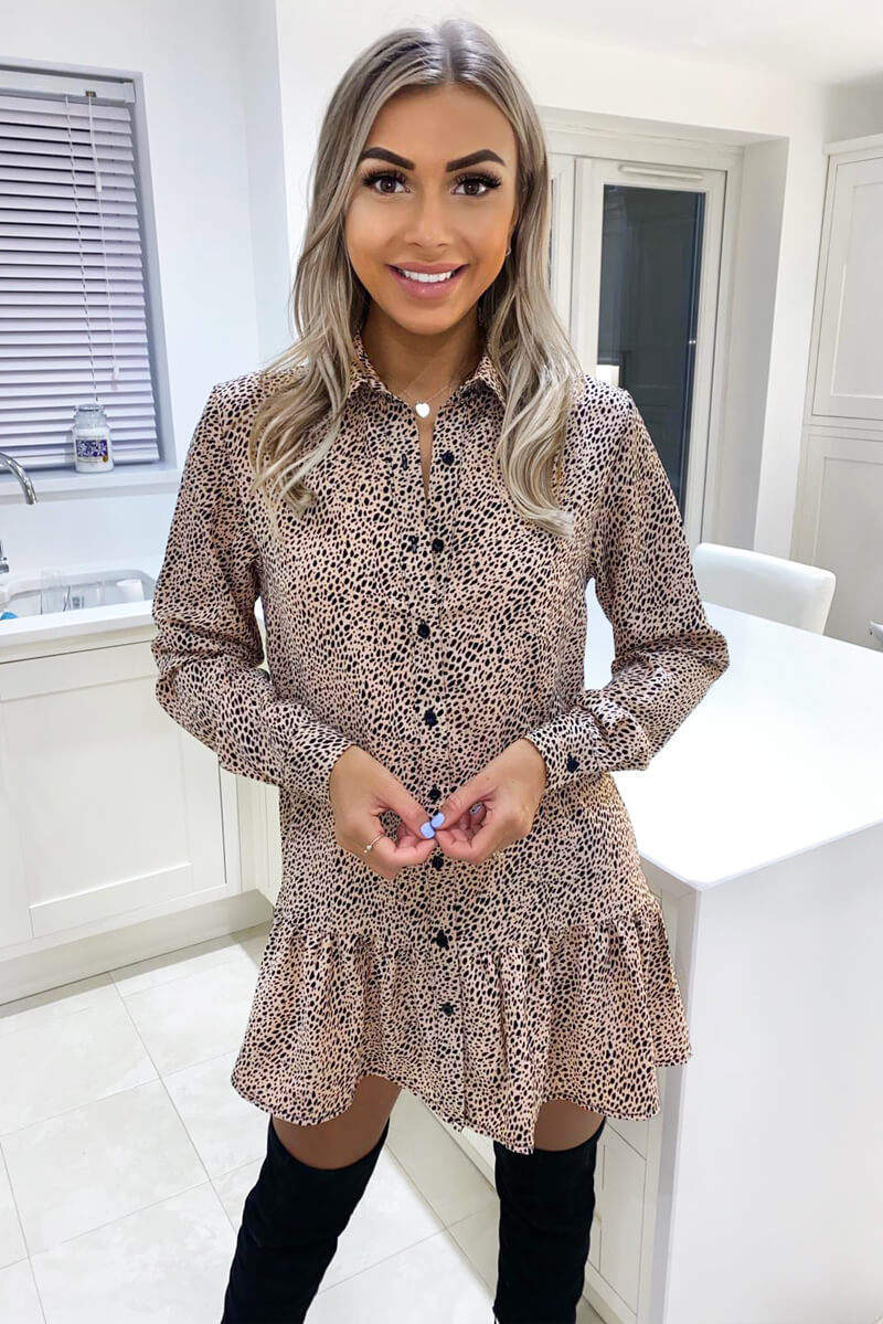 Stone Dalmatian Print Frill Hem Shirt Dress - Swimclubus