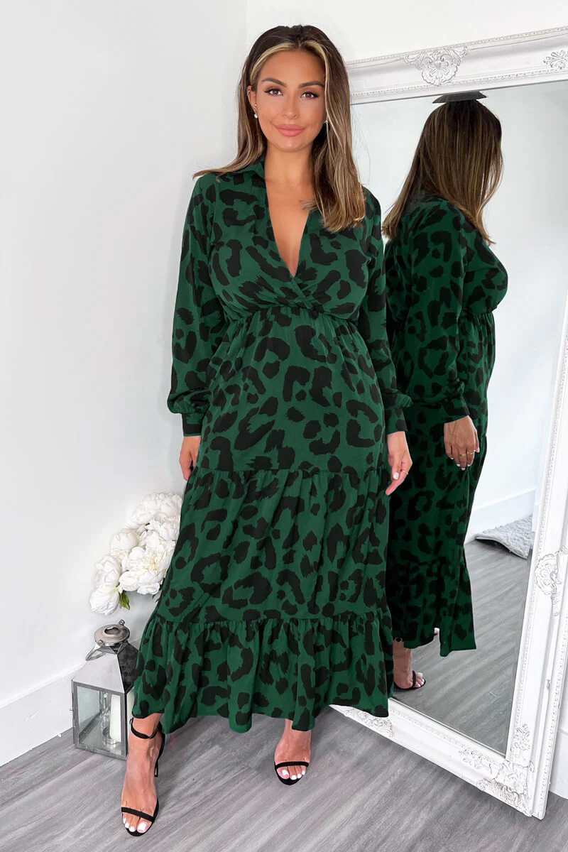 Green Leopard Print Long Sleeve Smock Midi Dress - Swimclubus