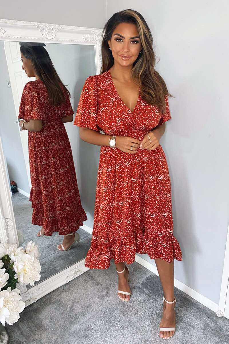 Rust Dot Printed Elasticated Waist Midi Dress - Swimclubus