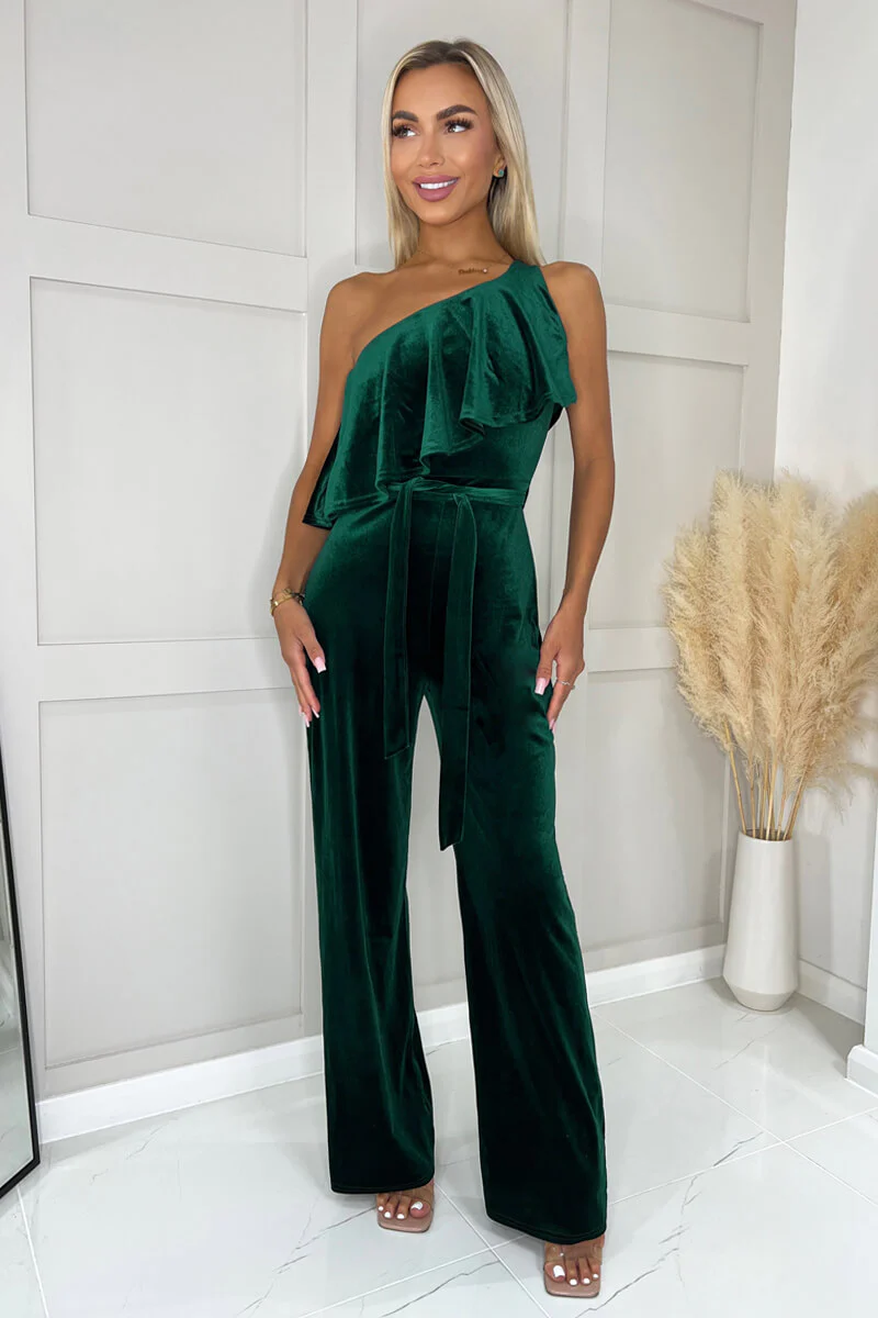 Teal Velvet One Shoulder Frill Belted Jumpsuit - Swimclubus