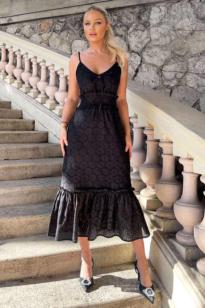 Black Broderie Frill Hem Midi Dress - Swimclubus