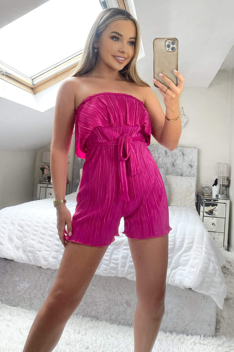 Cerise Plisse Bardot Playsuit - Swimclubus