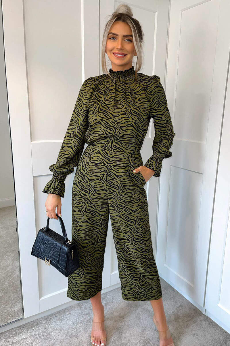 Khaki Animal Print Long Sleeve High Neck Jumpsuit - Swimclubus