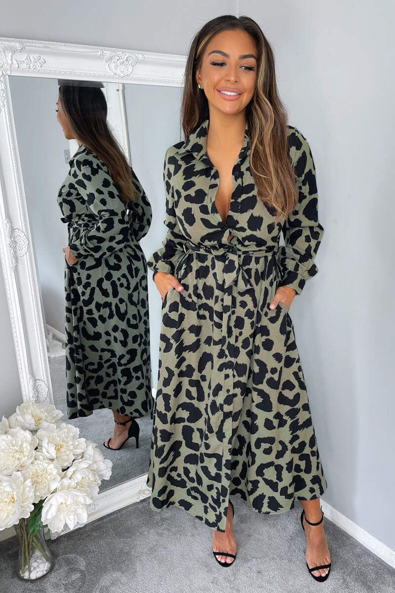 Khaki Animal Print Button Up Midi Dress - Swimclubus