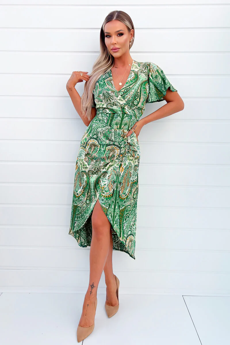 Green Paisley Printed V-Neck Belted Wrap Midi Dress - Swimclubus