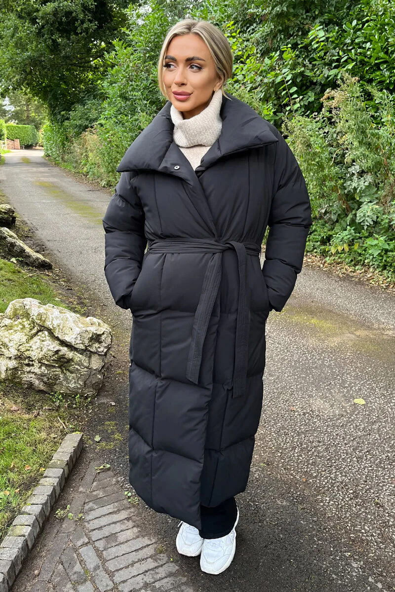 Black Tie Waist Quilted Longline Puffer Coat - Swimclubus