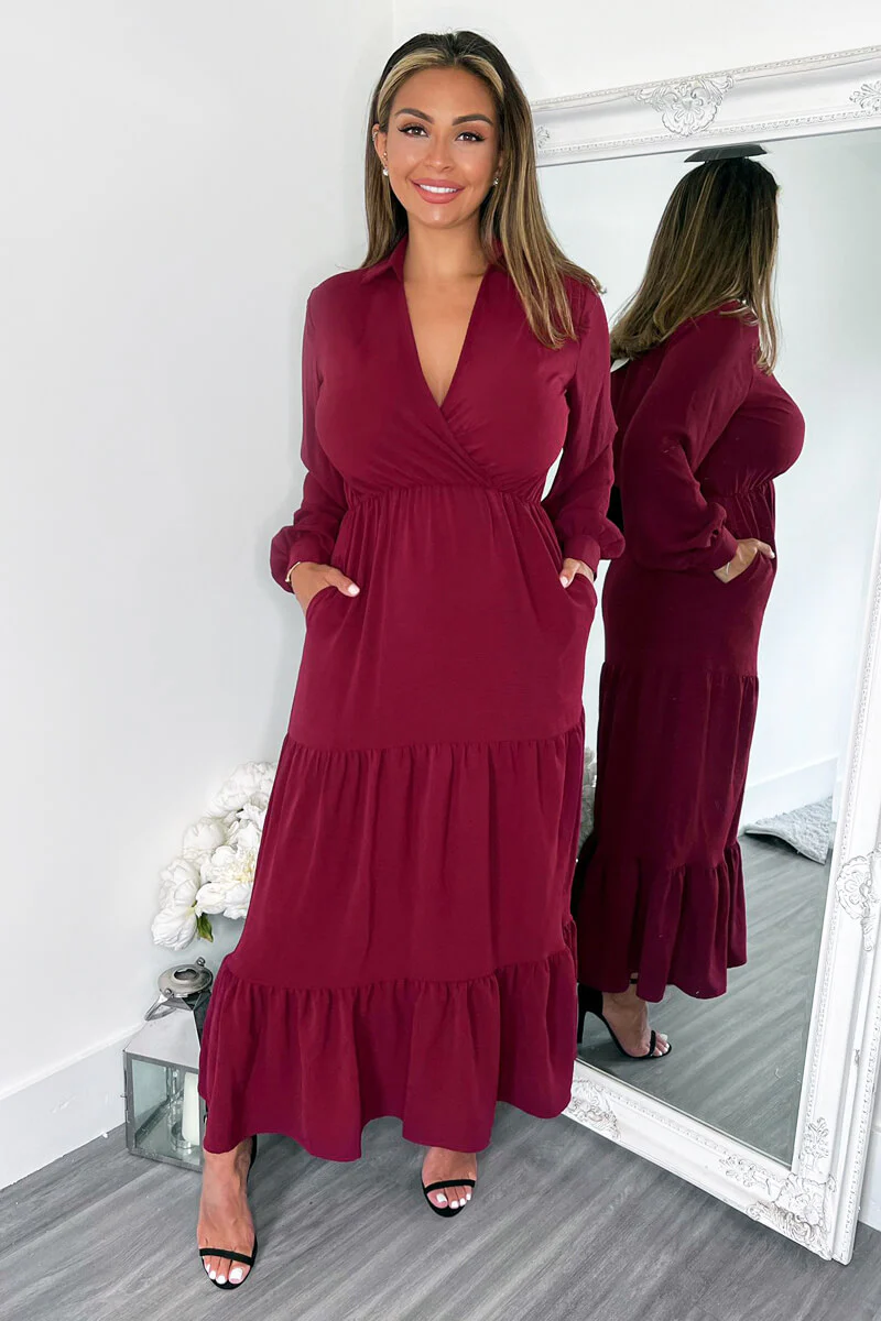 Wine Long Sleeve Wrap Top Smock Midi Dress - Swimclubus