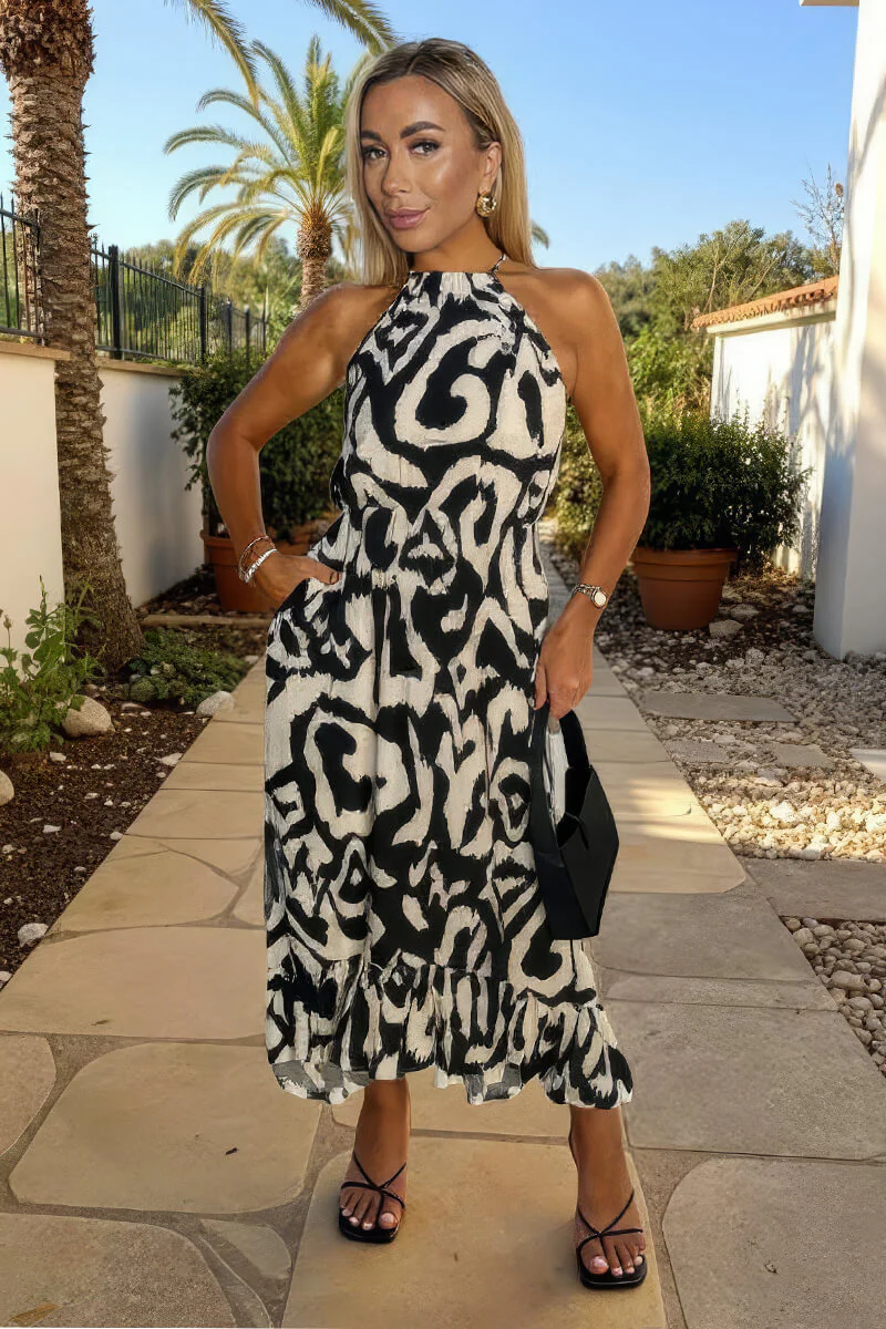 Black And White Abstract Print Racer Neck Frill Hem Midi Dress - Swimclubus