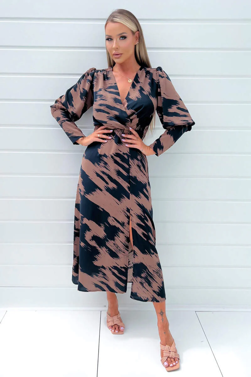 Brown And Navy Printed Long Sleeve Midi Dress - Swimclubus
