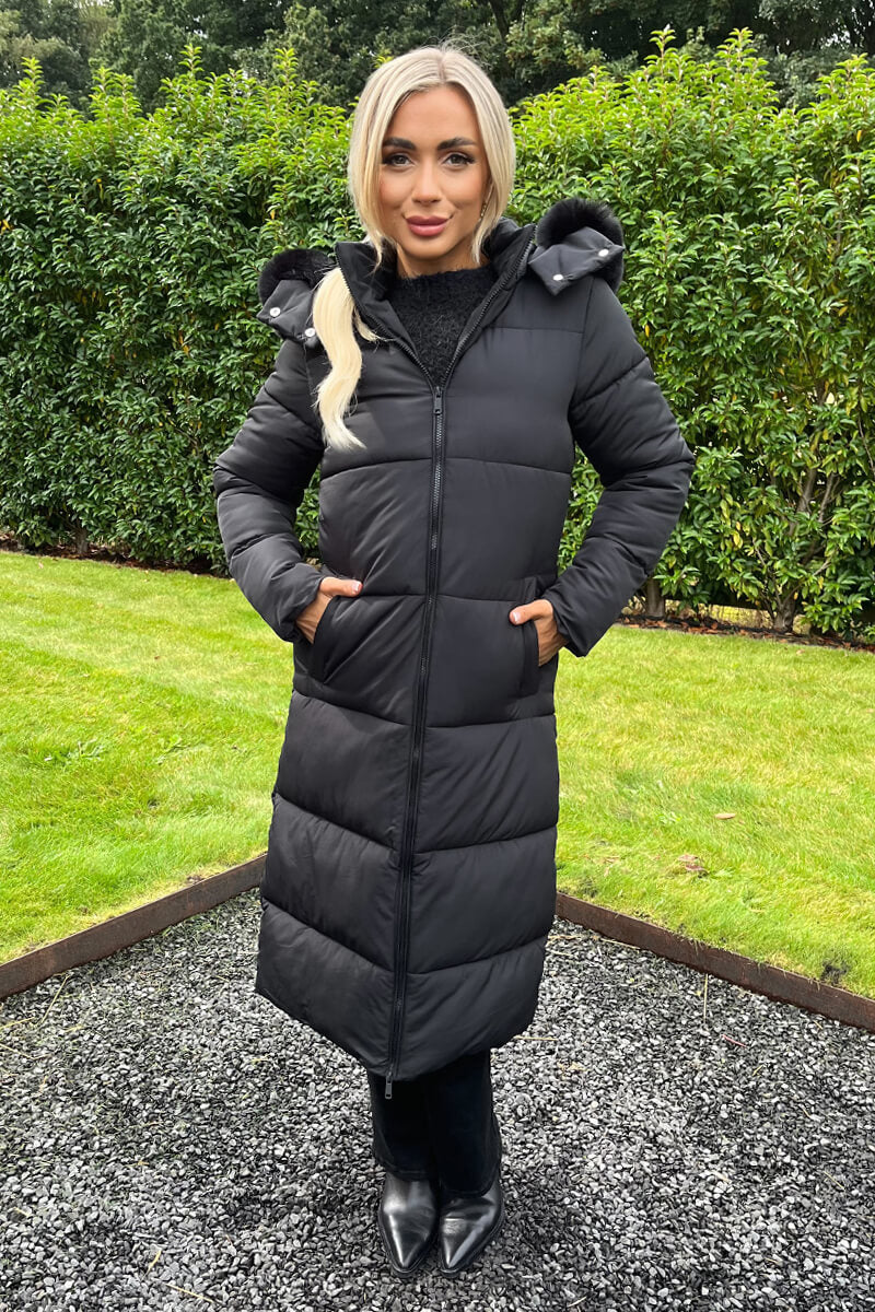 Black Faux Fur Hooded Longline Padded Coat - Swimclubus