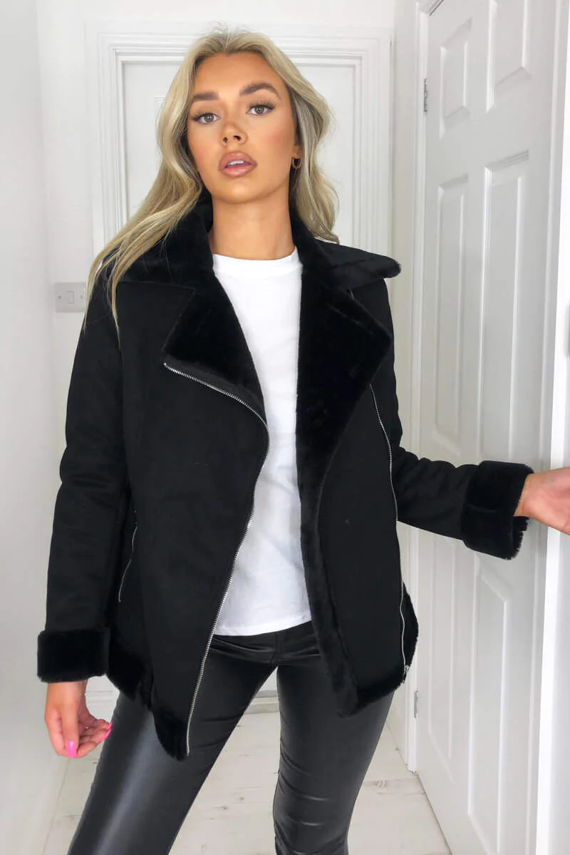 Black Faux Suede Aviator Jacket - Swimclubus