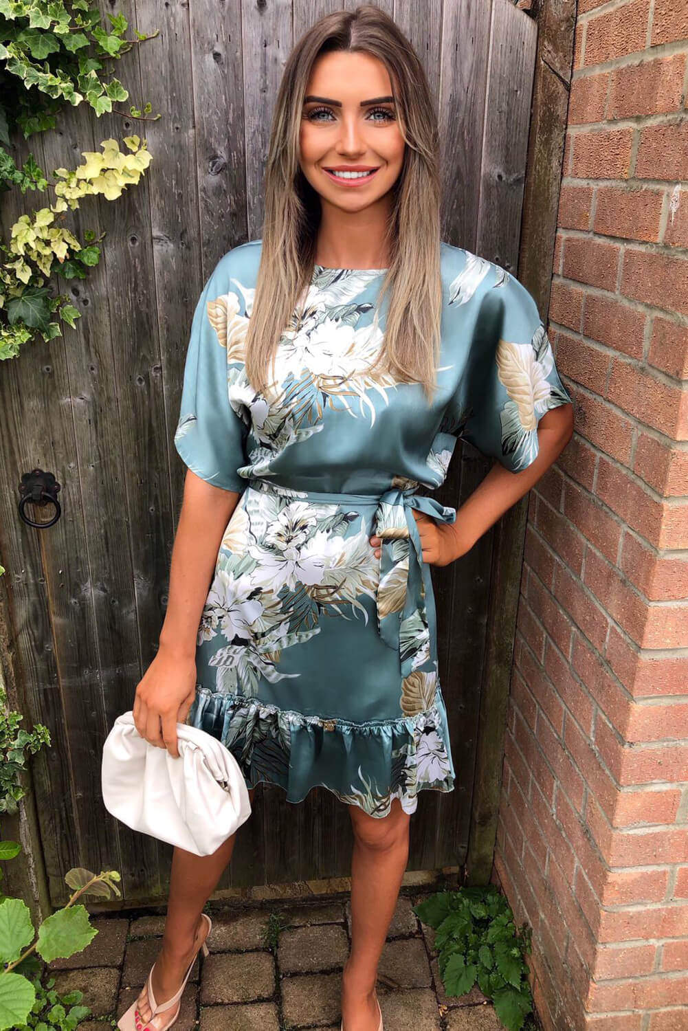 Duck Egg Floral Print Tie Waist Frill Dress - Swimclubus