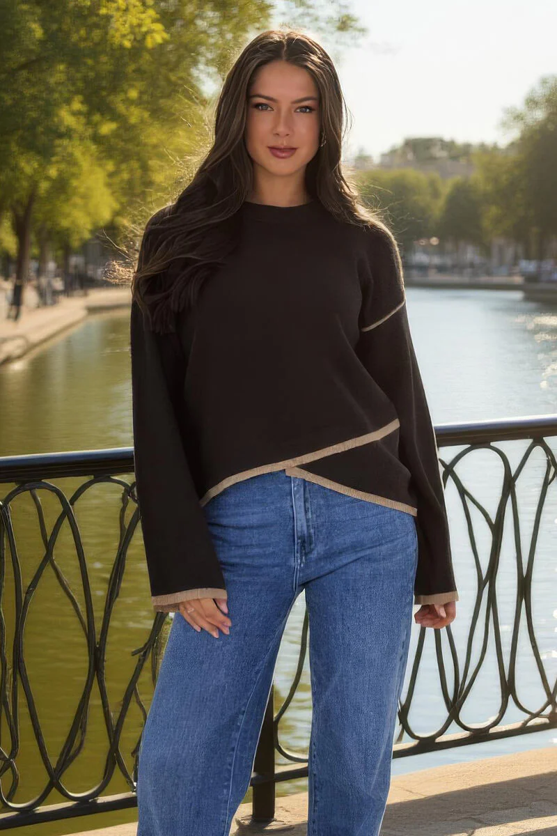 Chocolate Contrast Piping Crew Neck Jumper - Swimclubus