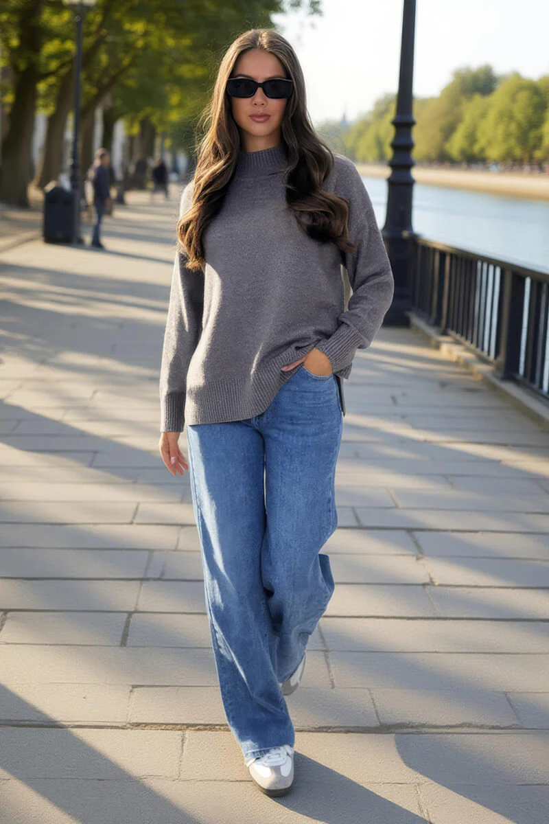 Grey Mock Neck Split Hem Jumper - Swimclubus