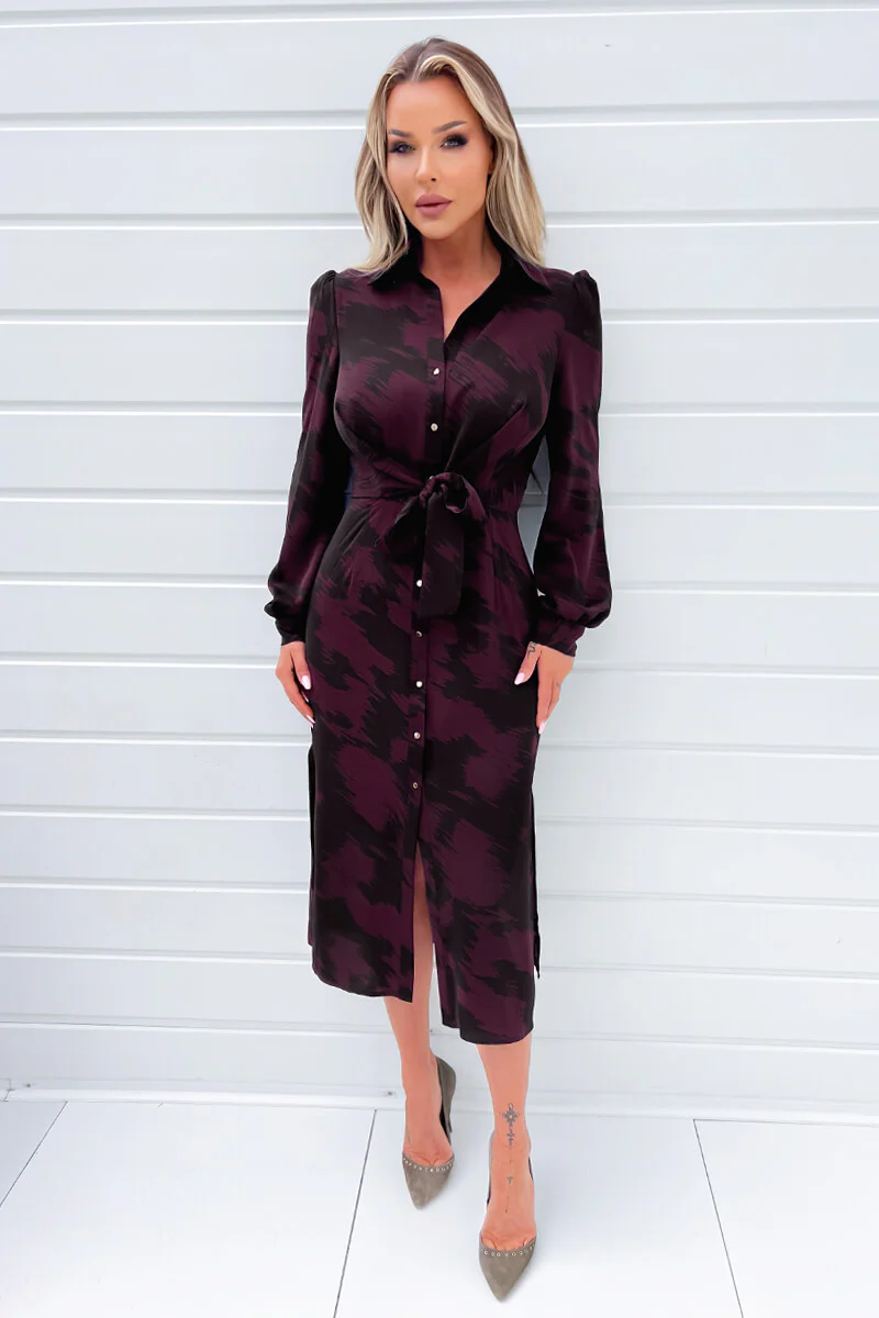 Wine And Black Printed Button Front Tie Shirt Dress - Swimclubus