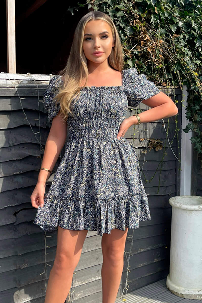 Navy Printed Puff Sleeve Shirred Mini Dress - Swimclubus